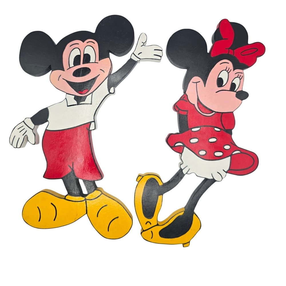 Vintage 1996 Mickey and Minnie Mouse Wooden Wall Art Plaques Set Disney Decor